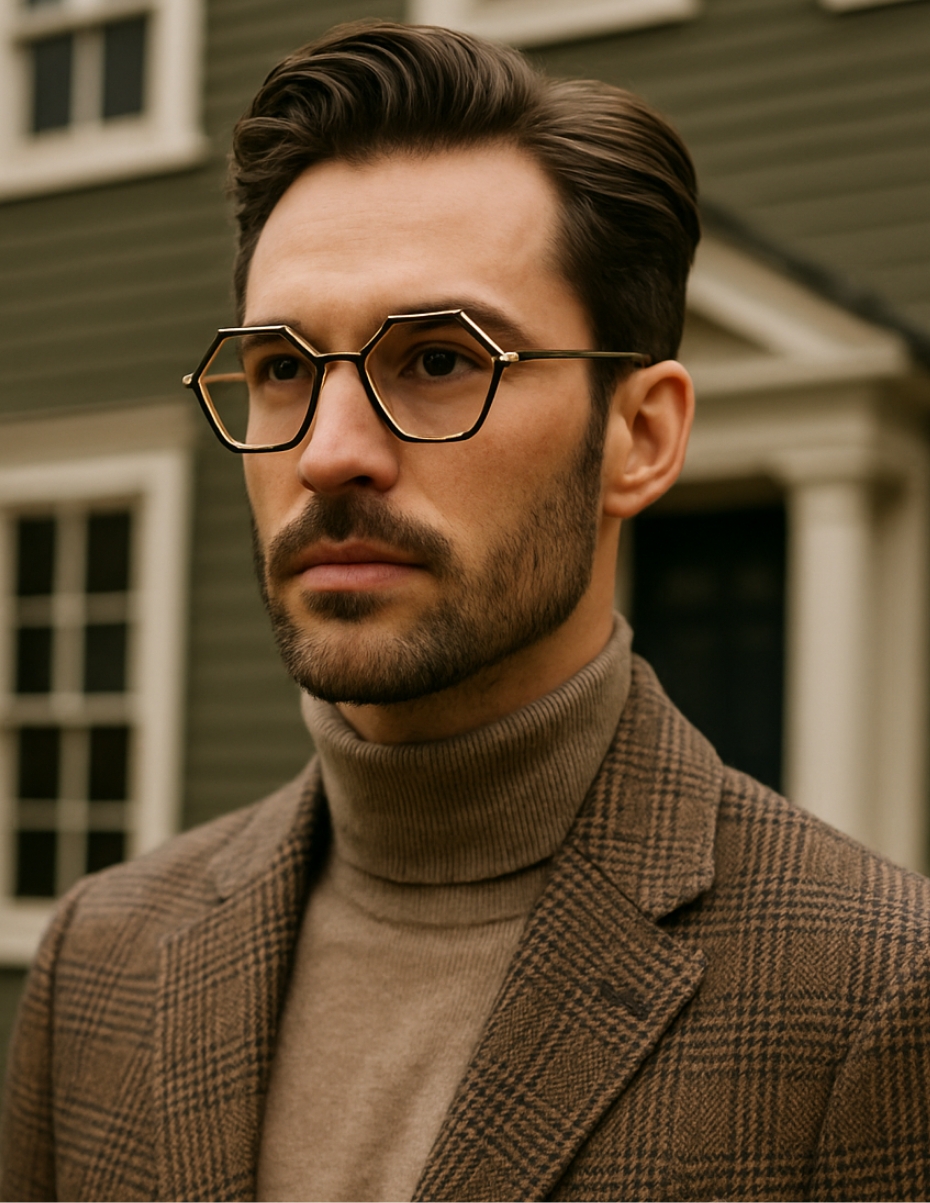 Mann mit sechseckiger Brille. 